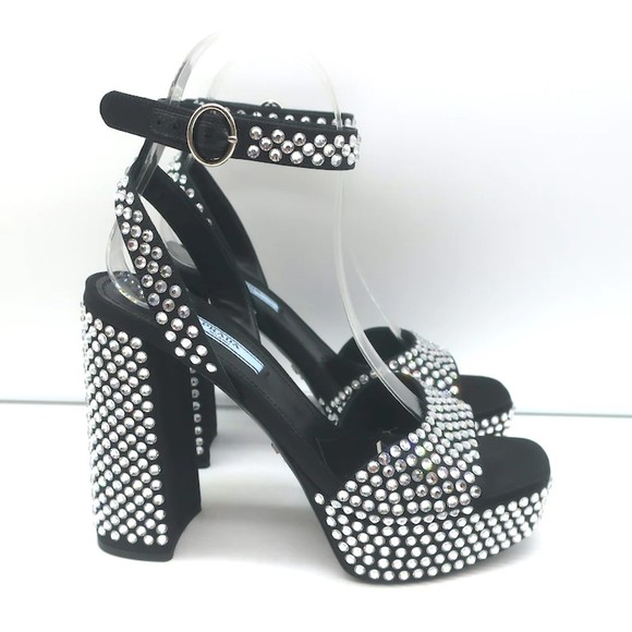 Prada Crystal-Embellished Platform Sandals Black Satin Size 36 Ankle Strap Heels - Picture 2 of 10